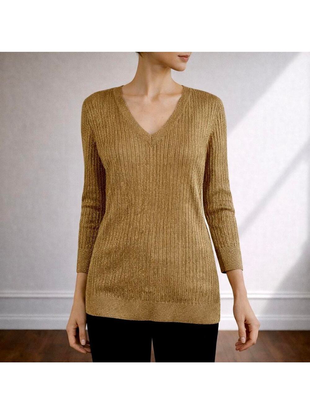 Vintage Ralph Lauren Silk Metallic Gold Ribbed Shimmer Glam Sweater Size XL